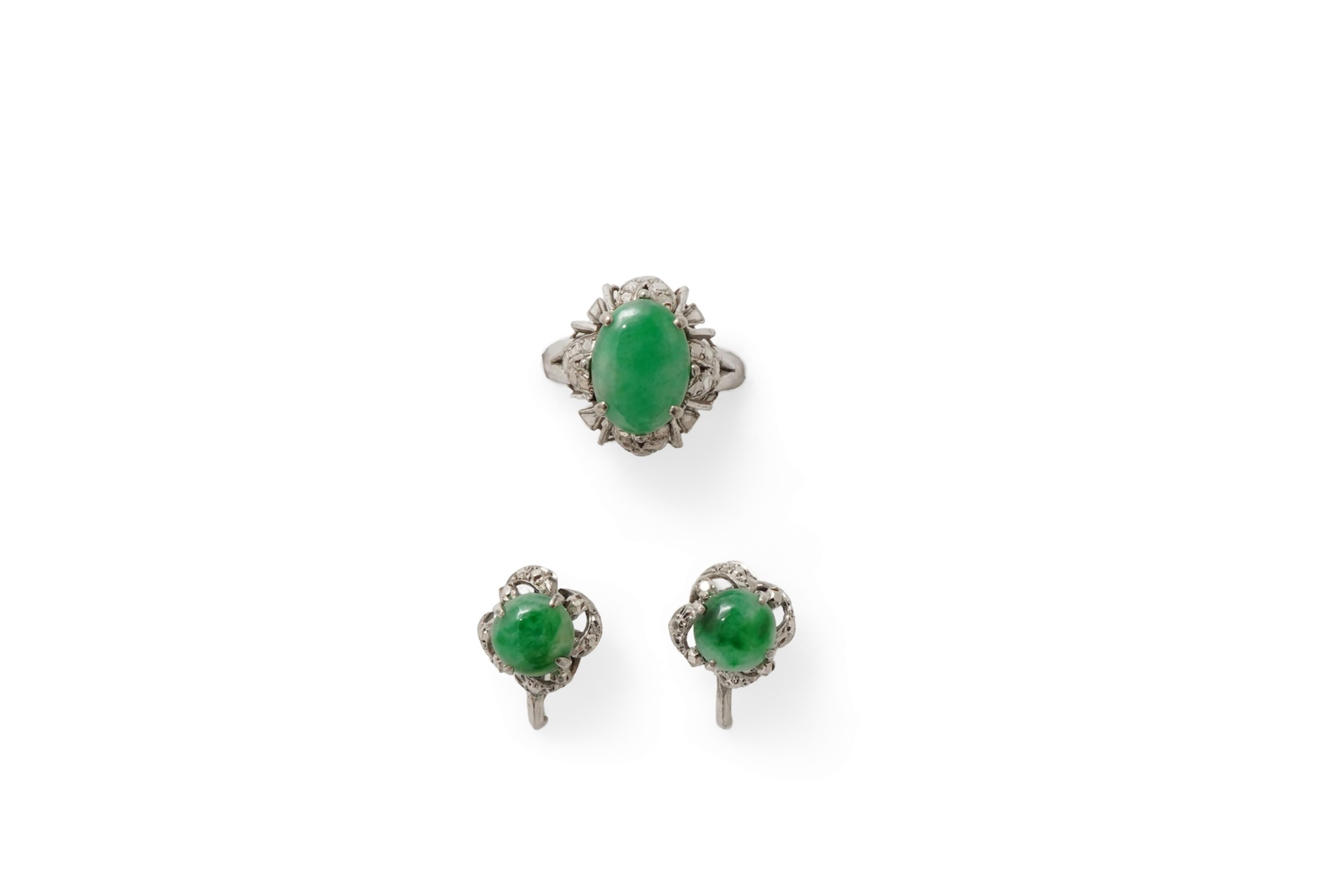 A pair of jadeite earrings and a ring